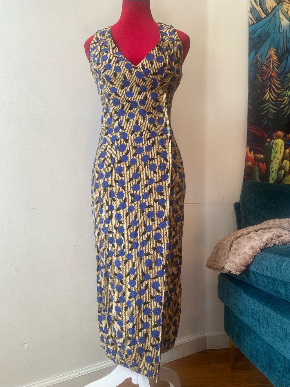The Limited Blue and Tan Floral V-Neck Maxi Wrap Dress